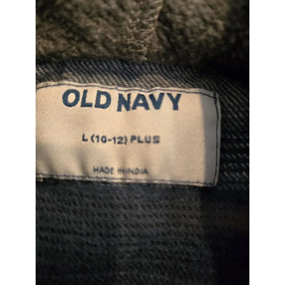 ​Old Navy L 10-12 Plus Striped Hooded Flannel Shirt Kids Blue Plaid Shacket